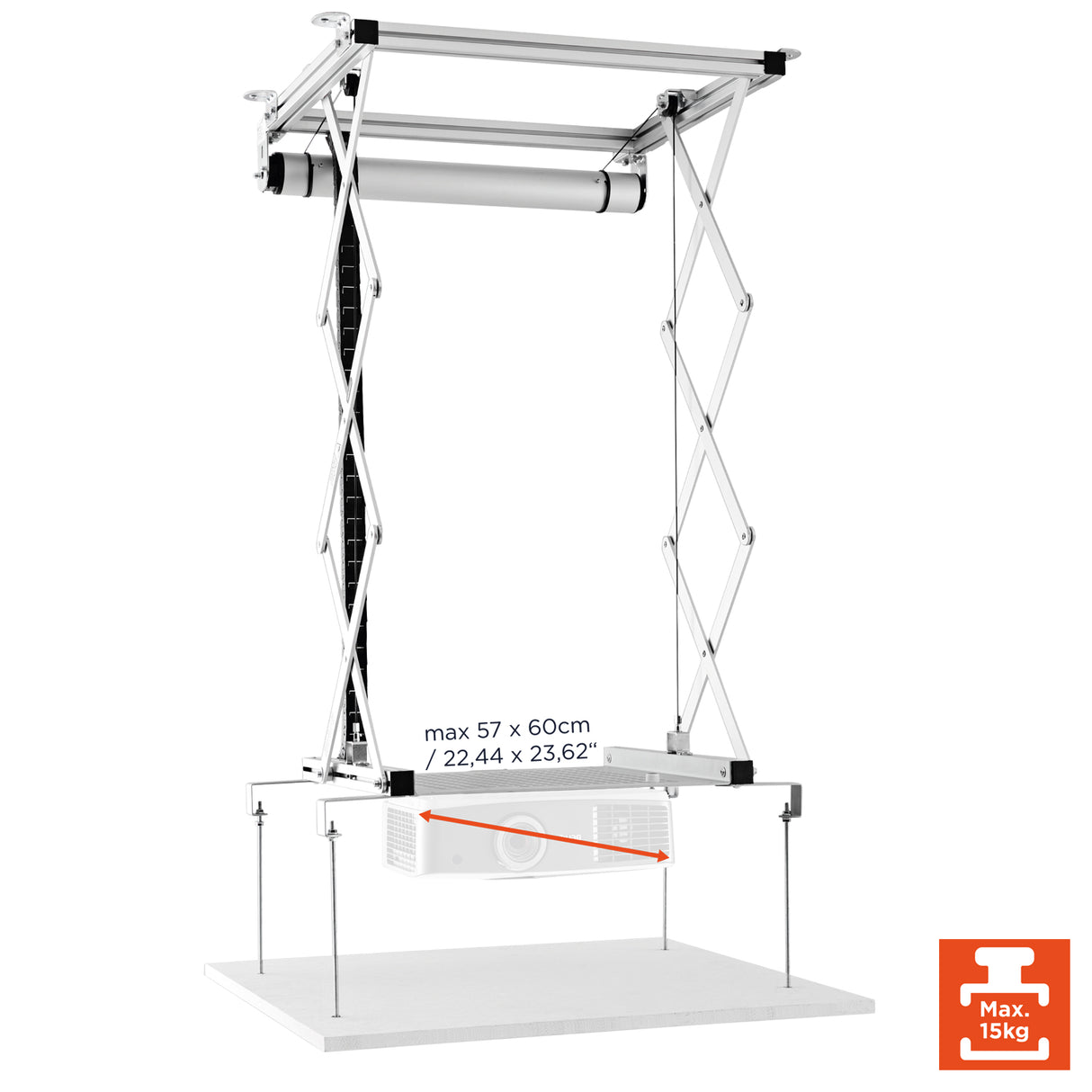 Celexon Deckenlift PL1000 - Darstellung maximale Beamergröße 57 x 60 cm