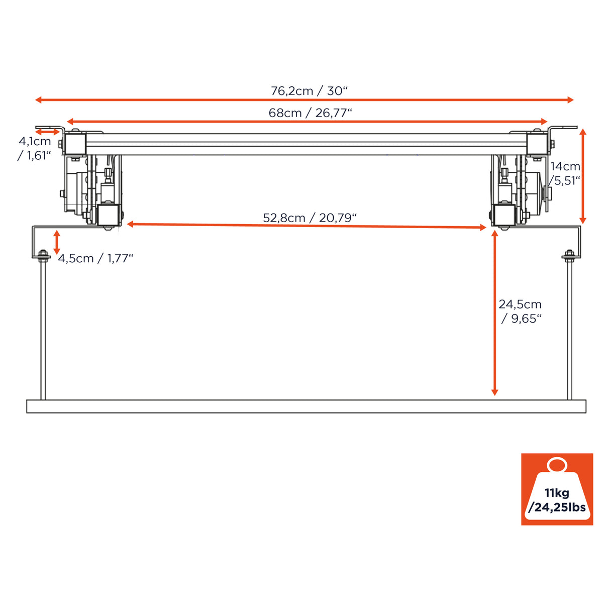 Celexon Deckenlift PL400 HC Plus - Maßzeichnung eingefahren Nahaufnahme