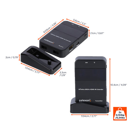 celexon Wireless HDMI-Funk-Set WHD30M-4K - Detailansicht mit Maßangaben