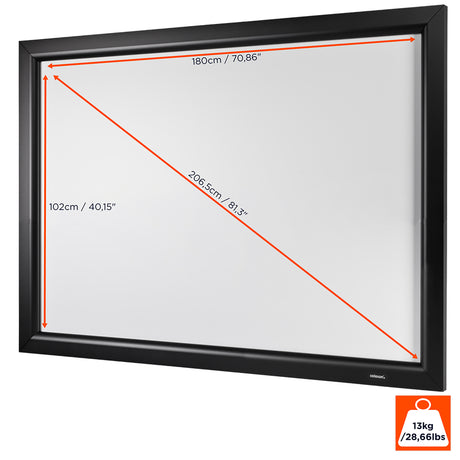 celexon HomeCinema Frame Rahmenleinwand 180 x 102 cm - Maßzeichnung mit Abmessungen der Projektionsfläche