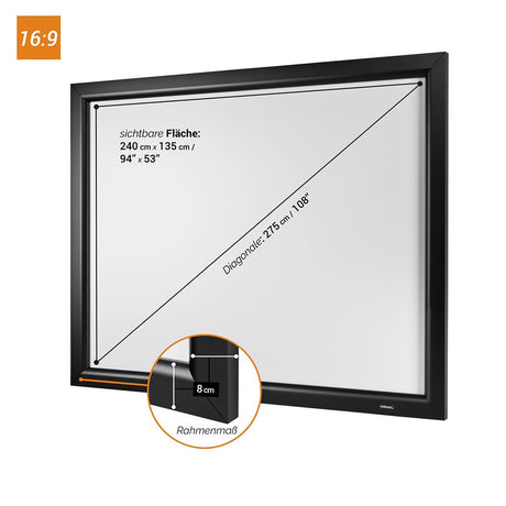 celexon HomeCinema Frame Rahmenleinwand 240 x 135 cm - Maßzeichnung mit Abmessungen und Rahmenmaß