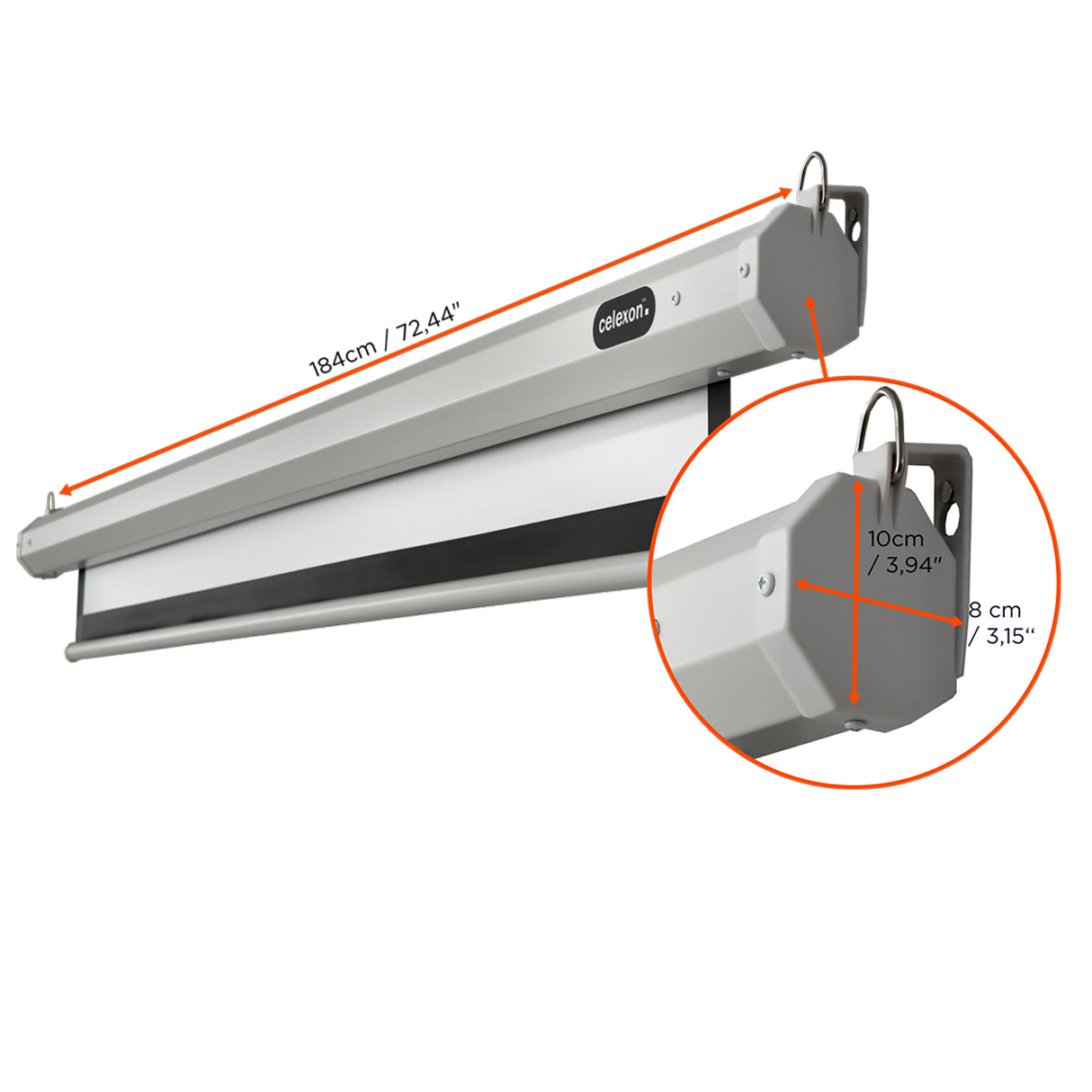 celexon Leinwand Motor Economy 160 x 90 cm - Maßzeichnung Gehäuse mit Abmessungen