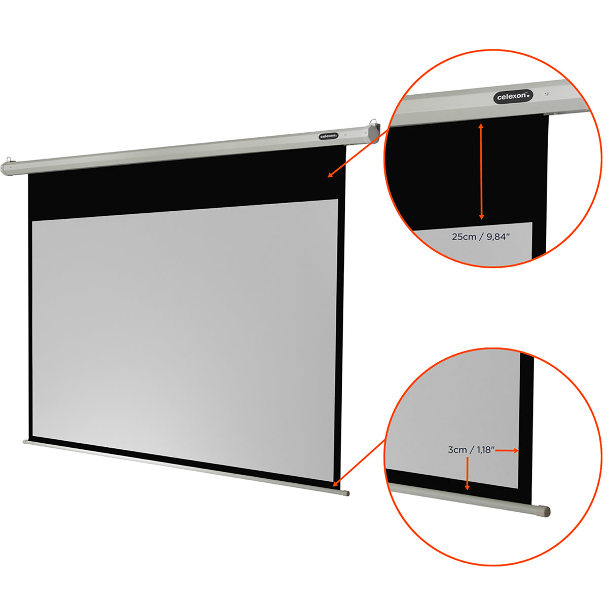 celexon Leinwand Motor Economy 200 x 113 cm - Detail schwarzer Vorlauf und Rand mit Maßangaben