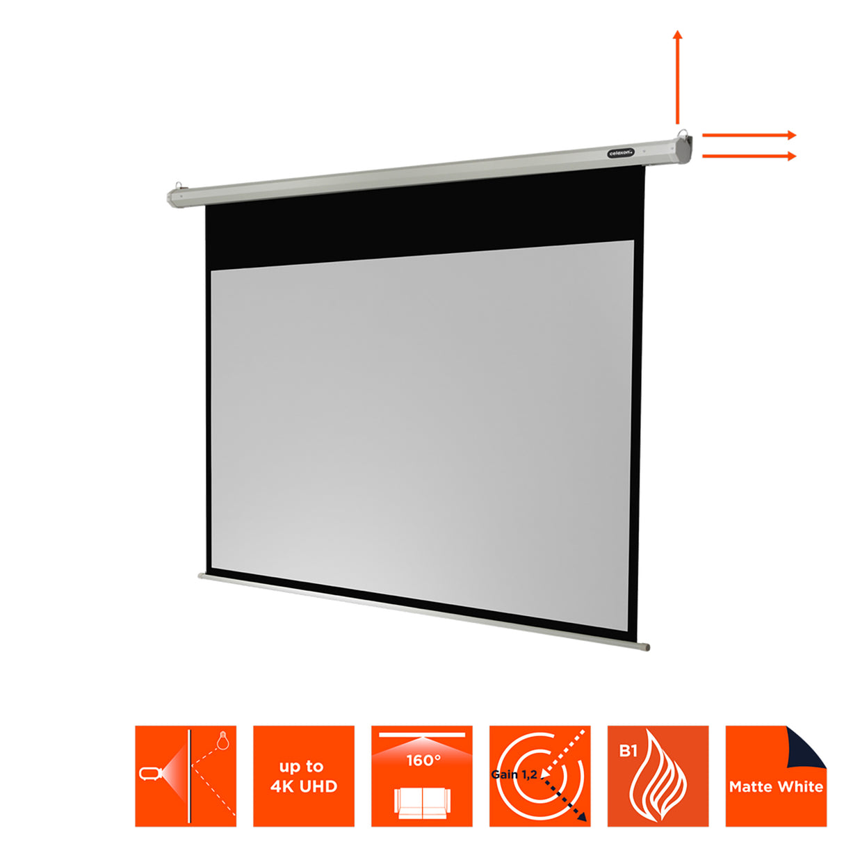 celexon Leinwand Motor Economy 200 x 113 cm - Schrägansicht mit Hinweis auf Wand- und Deckenmontage
