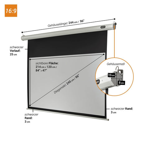 celexon Leinwand Motor Economy 220 x 124 cm - Maßzeichnung mit Abmessungen