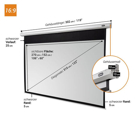 Celexon Leinwand Motor Economy 280 Zoll - Maßzeichnung mit Abmessungen