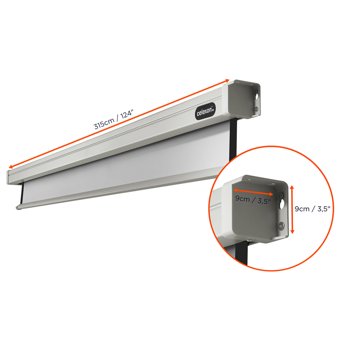 Celexon Leinwand Motor Professional 300 Zoll - Detail Gehäuseende mit Halterung
