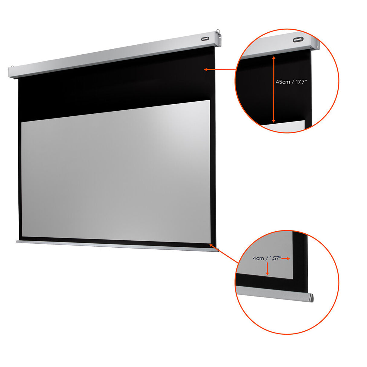 Celexon Leinwand Motor Professional Plus 200 Zoll - Schrägansicht mit Montagehinweisen