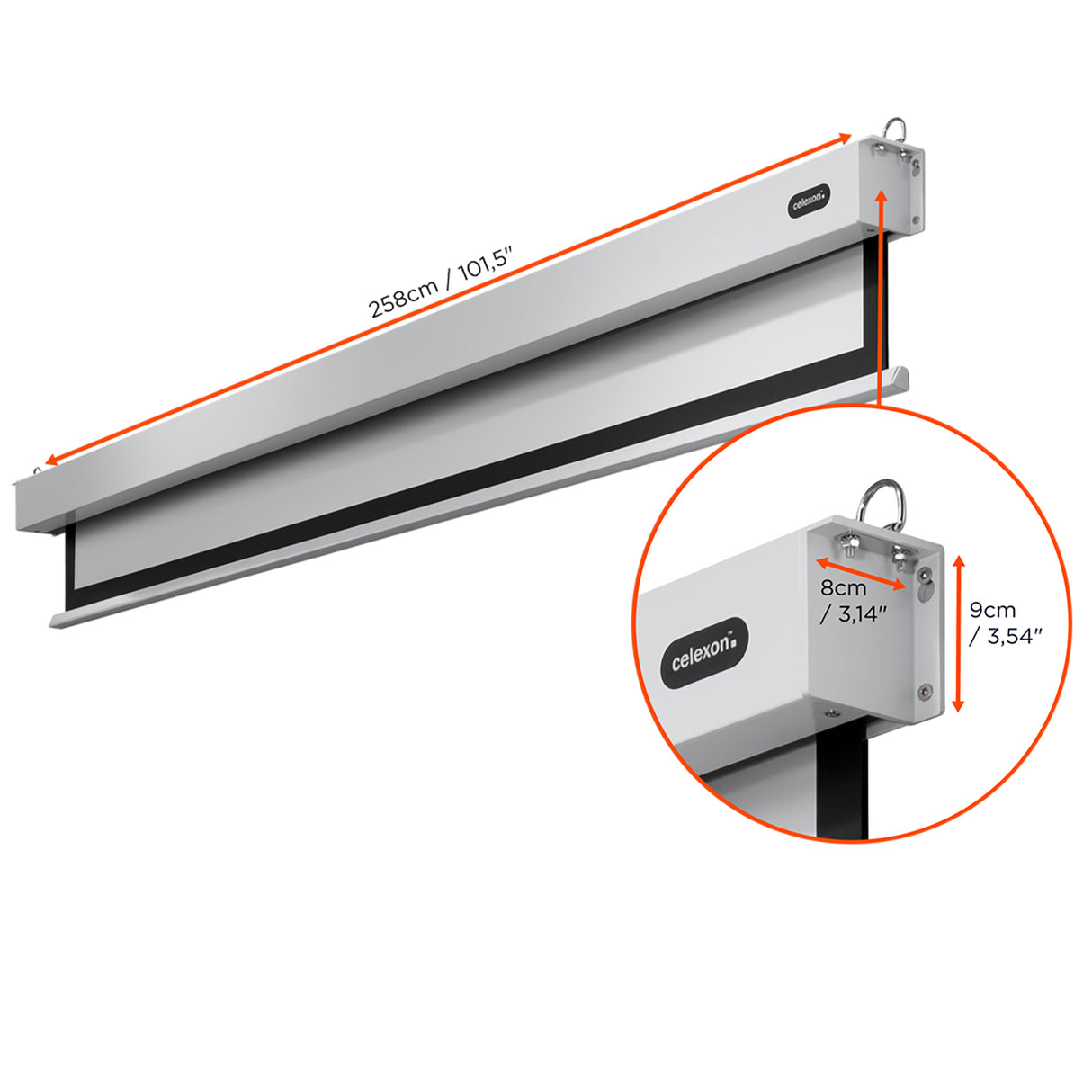 Celexon Leinwand Motor Professional Plus 240 Zoll - Detail Gehäuseende mit Ösen