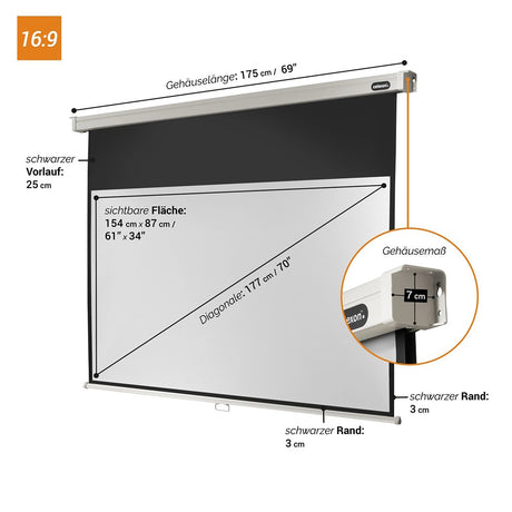 celexon Leinwand Rollo Professional 160x90 - Maßzeichnung mit Abmessungen