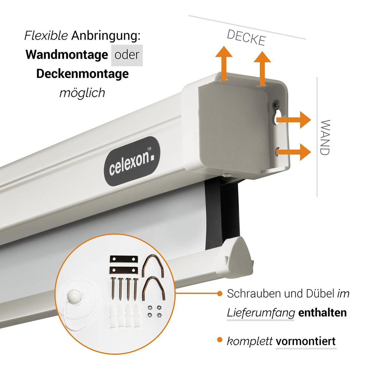 Celexon Leinwand Rollo Professional 280 x 158 cm - Detail Wand- und Deckenmontage