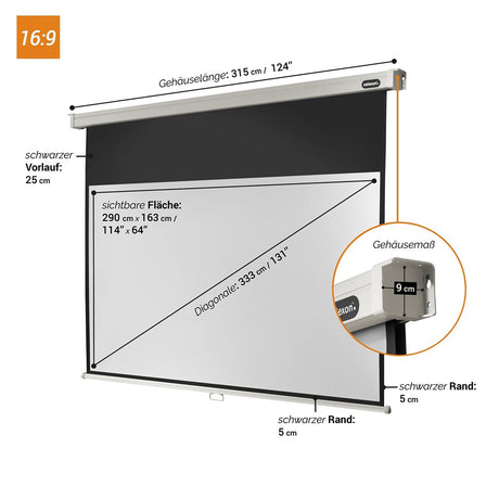 Celexon Leinwand Rollo Professional 300 x 169 cm - Maßzeichnung mit Abmessungen