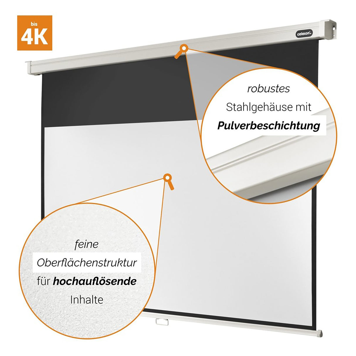 Celexon Leinwand Rollo Professional 300 x 169 cm - Detail Tuchoberfläche und Gehäuse