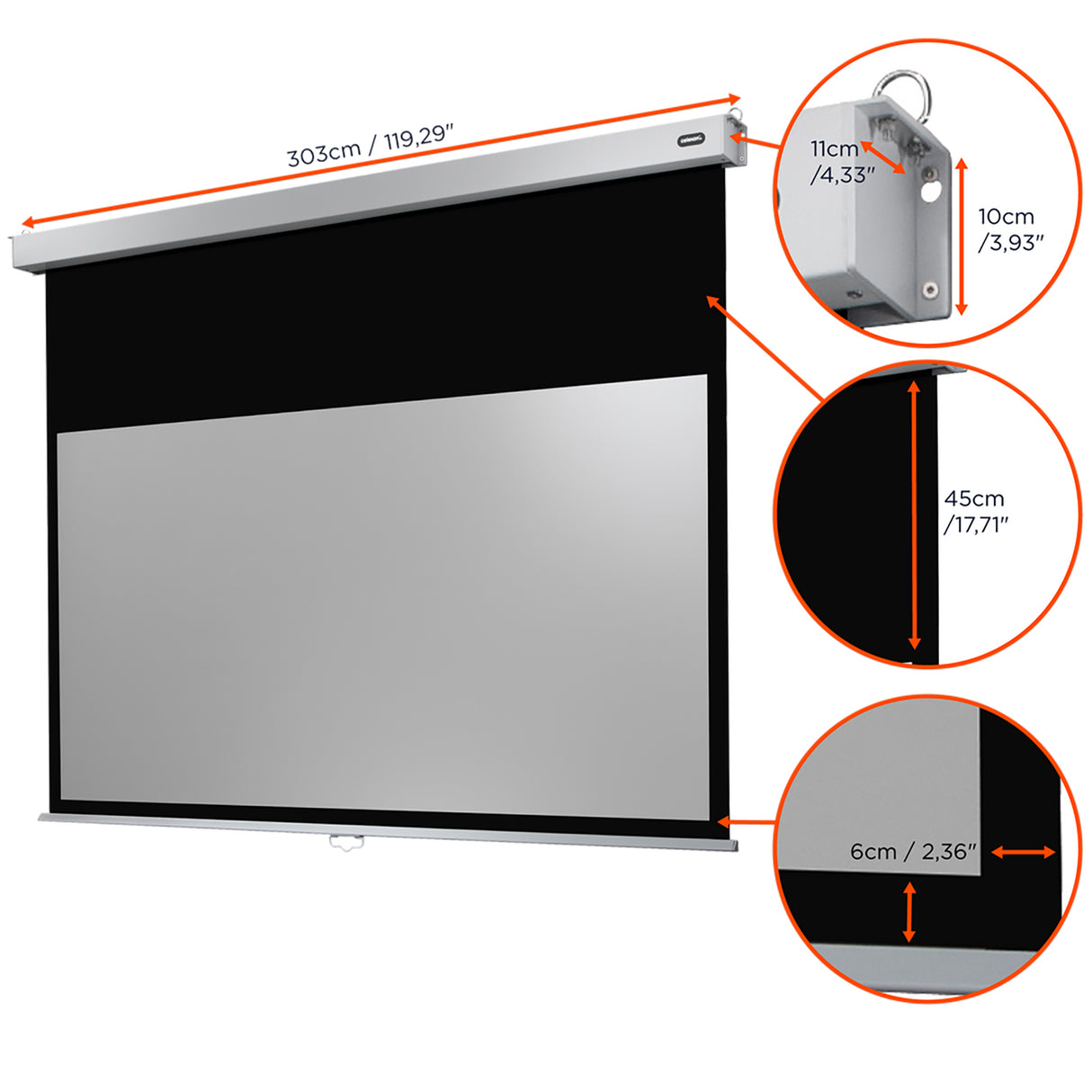 Celexon Leinwand Rollo Professional Plus 280 x 158 cm - Maßzeichnung Gehäuse und Rahmen