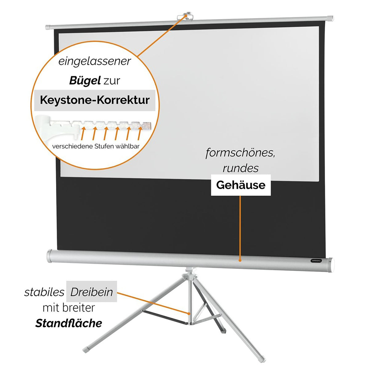 Celexon Stativleinwand Economy 219 x 123 cm - Detail Keystone-Bügel und Gehäuse