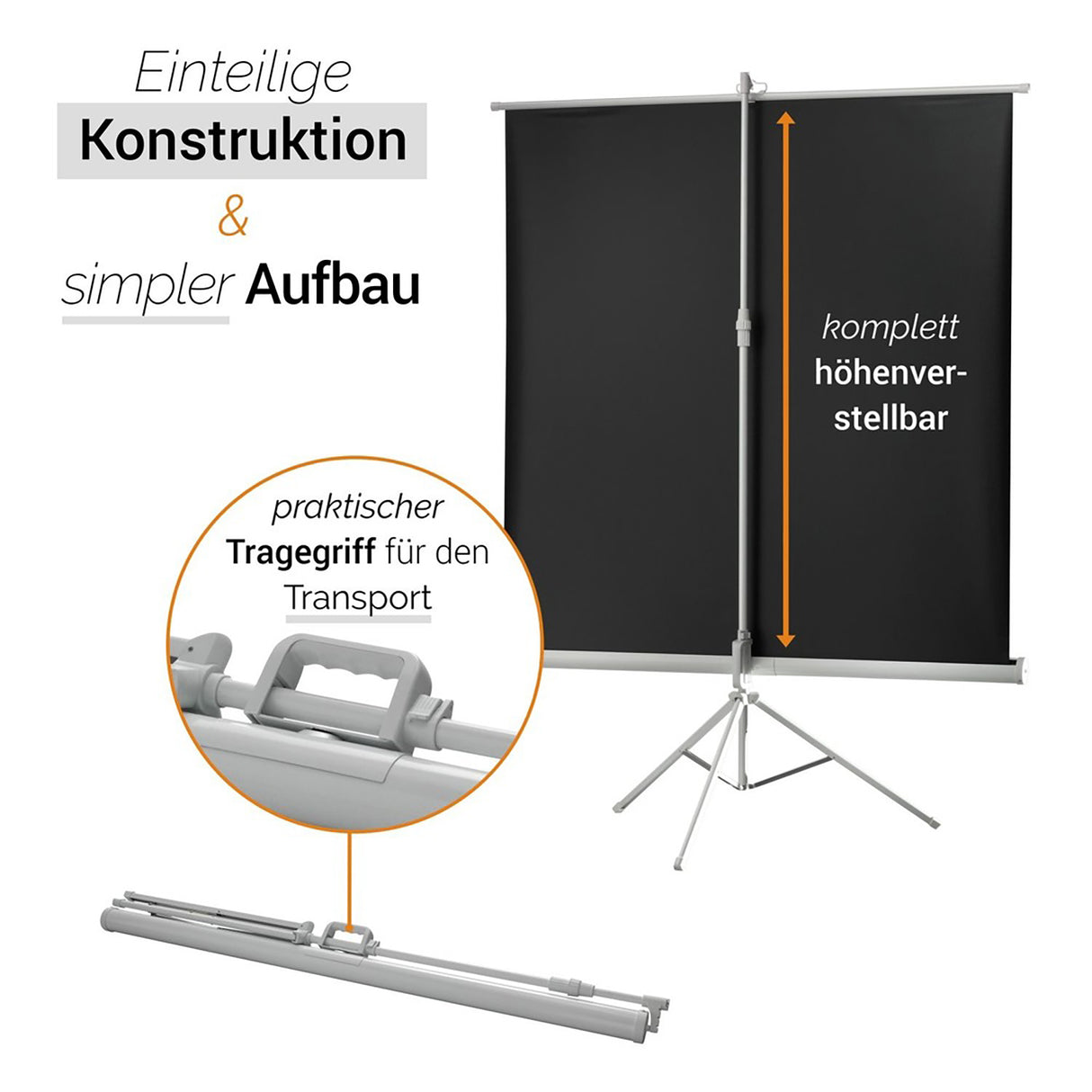 Celexon Stativleinwand Economy 244 x 138 cm - Detail Tragegriff und Höhenverstellung