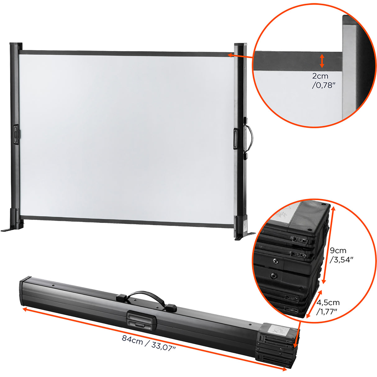 Celexon Tischleinwand Mobil Professional 102 x 76cm - Detail Rahmen und Tragekoffer