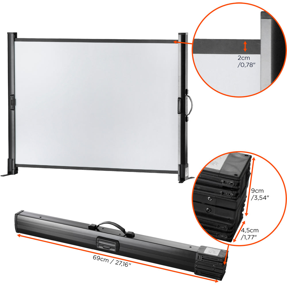 Celexon Tischleinwand Mobil Professional 81 x 61cm - Detail Rahmen und Tragekoffer