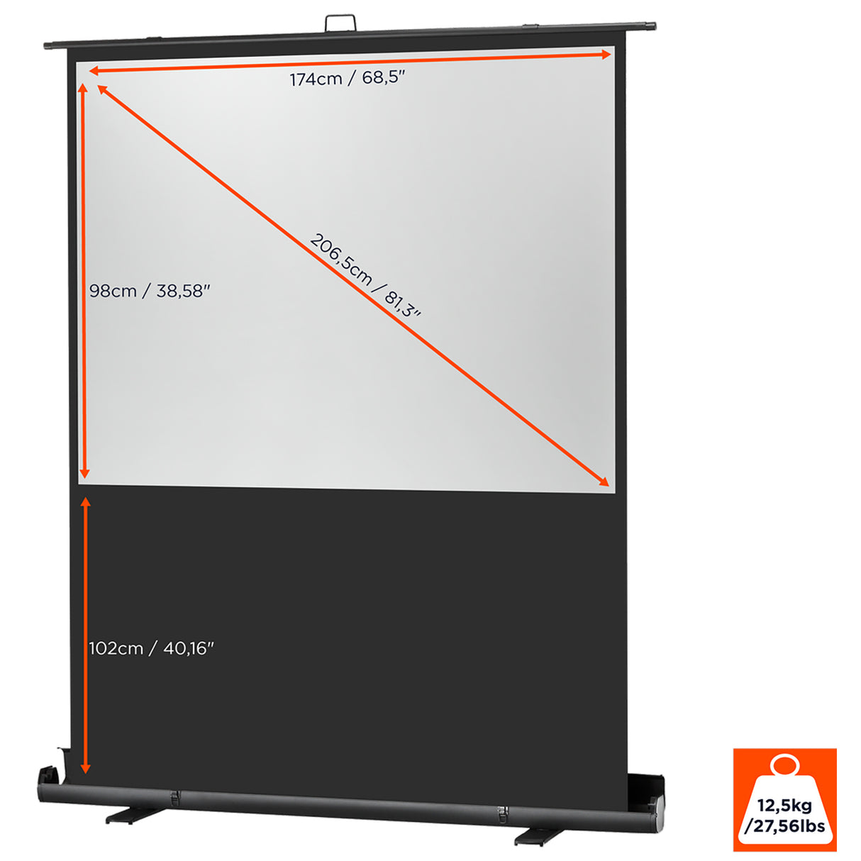 Celexon Ultramobil Plus Professional 180 x 102cm - Maßzeichnung mit Abmessungen