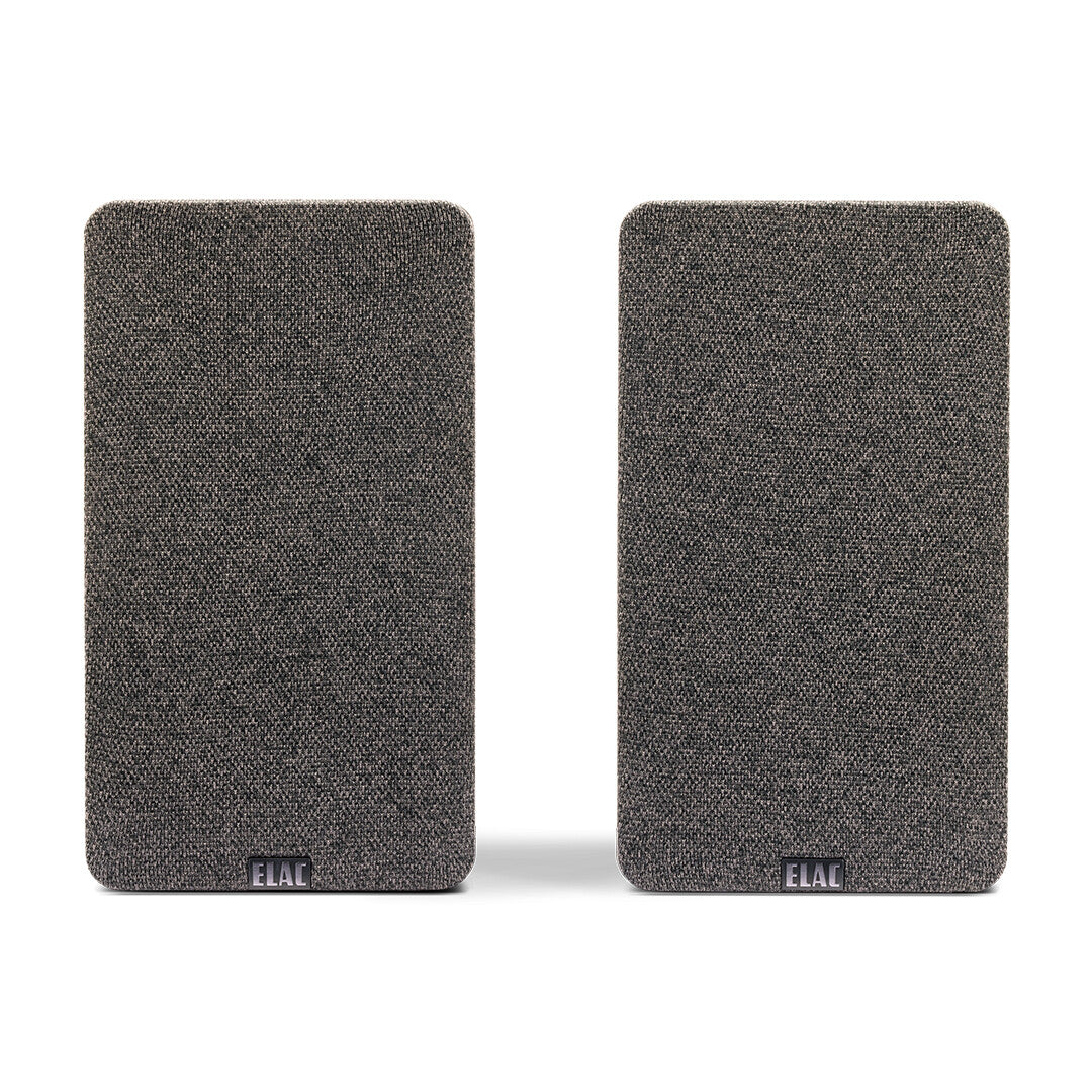 ELAC Debut Connex DCB41 Walnuss Aktivlautsprecher - Frontansicht Paar mit Stoffbezug