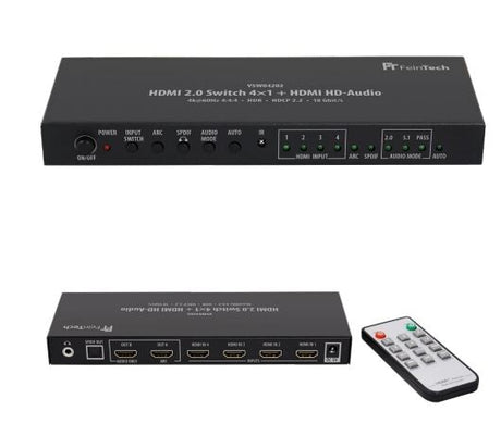 FeinTech HDMI 2.0 Switch 4x1+1 - Front, Rückseite und Fernbedienung