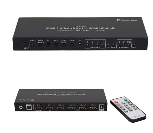 FeinTech HDMI 2.0 Switch 4x1+1 - Front, Rückseite und Fernbedienung