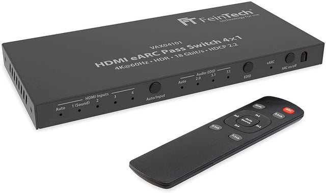 FeinTech VAX04101 HDMI eARC Pass Switch 4x1 - Frontansicht mit Fernbedienung
