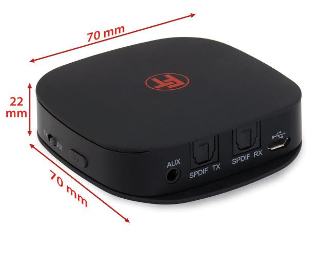 Feintech ABT00101 Bluetooth Audio Sender Empfänger - Schrägansicht mit Abmessungen