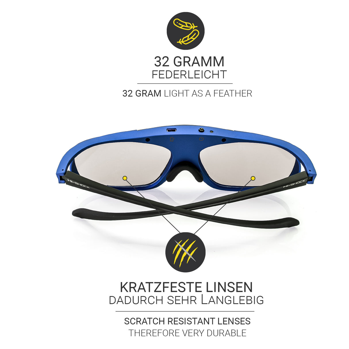 Hi-SHOCK Pro Blue Heaven RF 3D-Brille - Detail Gewicht und Linsen von hinten
