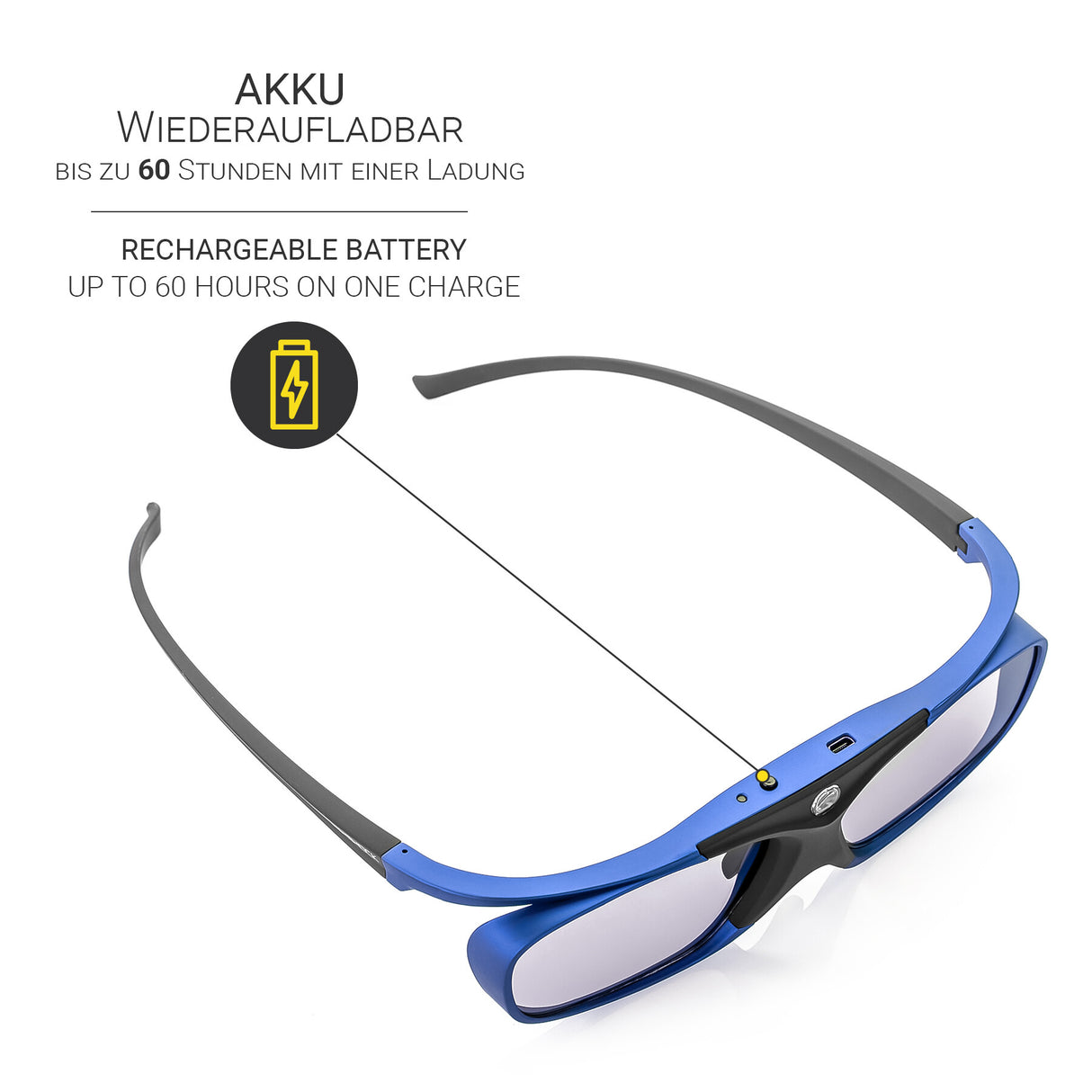 Hi-SHOCK Pro Blue Heaven RF 3D-Brille - Schrägansicht mit Akku-Hinweis