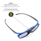 Hi-SHOCK Pro Blue Heaven RF 3D-Brille - Schrägansicht mit Akku-Hinweis