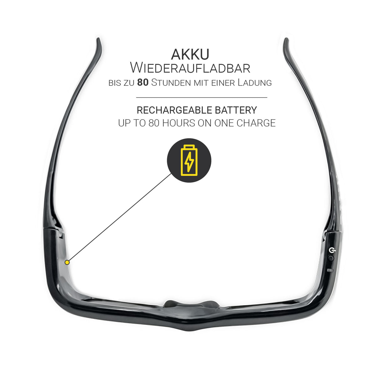 Hi-SHOCK Pro 7G Black Diamond DLP-Link 3D-Brille - Ansicht von oben mit Akku-Hinweis