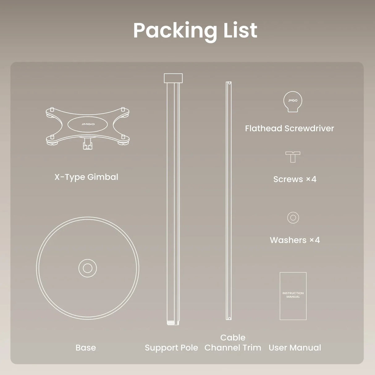 JMGO Bodenständer - Packliste mit Zubehörteilen