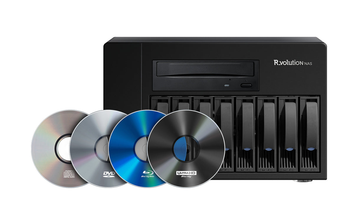 R_volution NAS 8-Bay Speicher - Frontansicht mit Datenträgern
