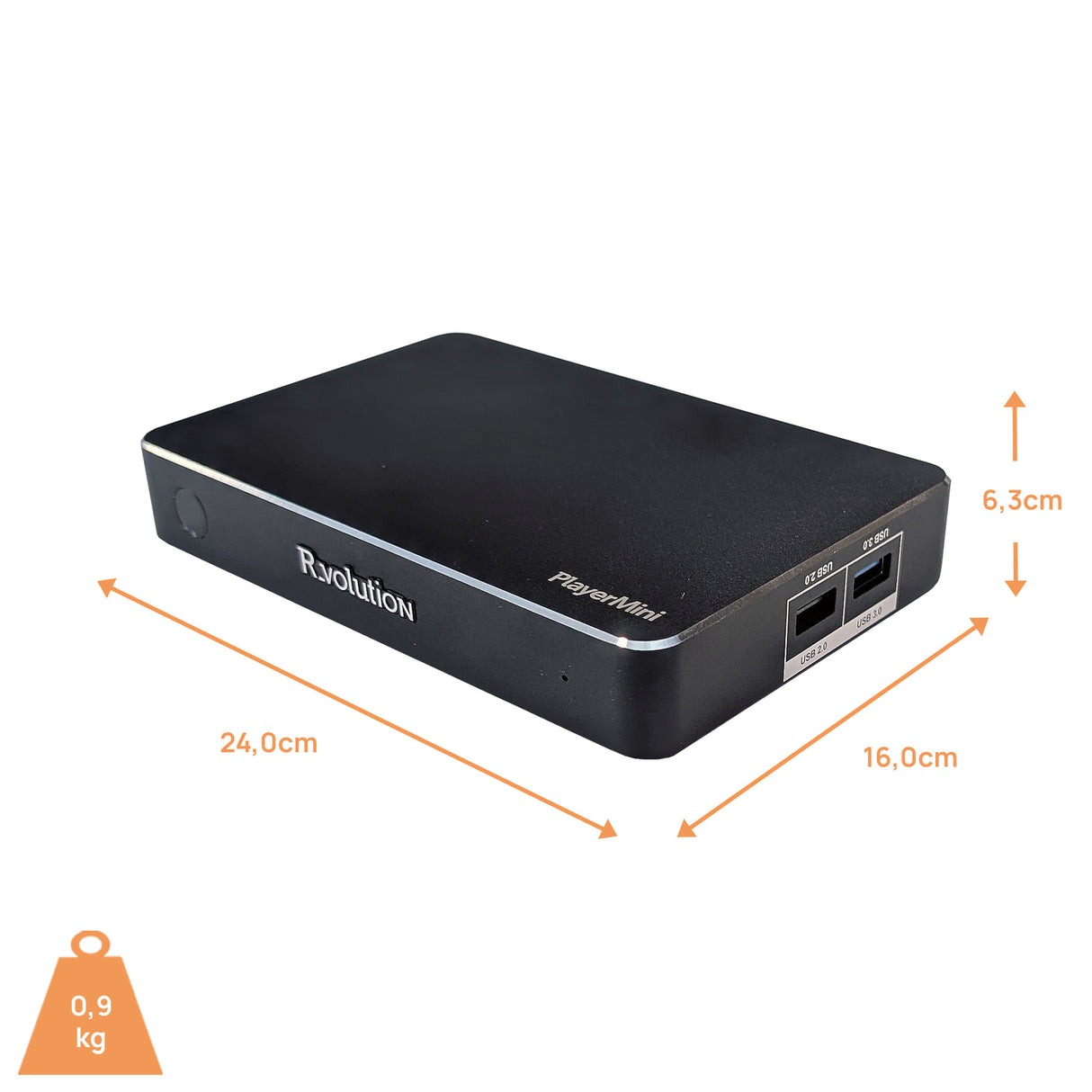 R_volution PlayerMini 4K Mediaplayer - Maßzeichnung mit Abmessungen