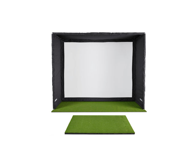 celexon Fairway Golf Simulator 300x250x150cm - Frontansicht mit Leinwand und Abschlagmatte