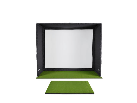 celexon Fairway Golf Simulator 300x300x300cm - Frontansicht mit Leinwand und Abschlagmatte