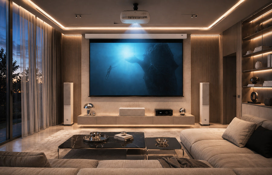 Beamer projiziert Unterwasserszene auf Leinwand im Heimkino