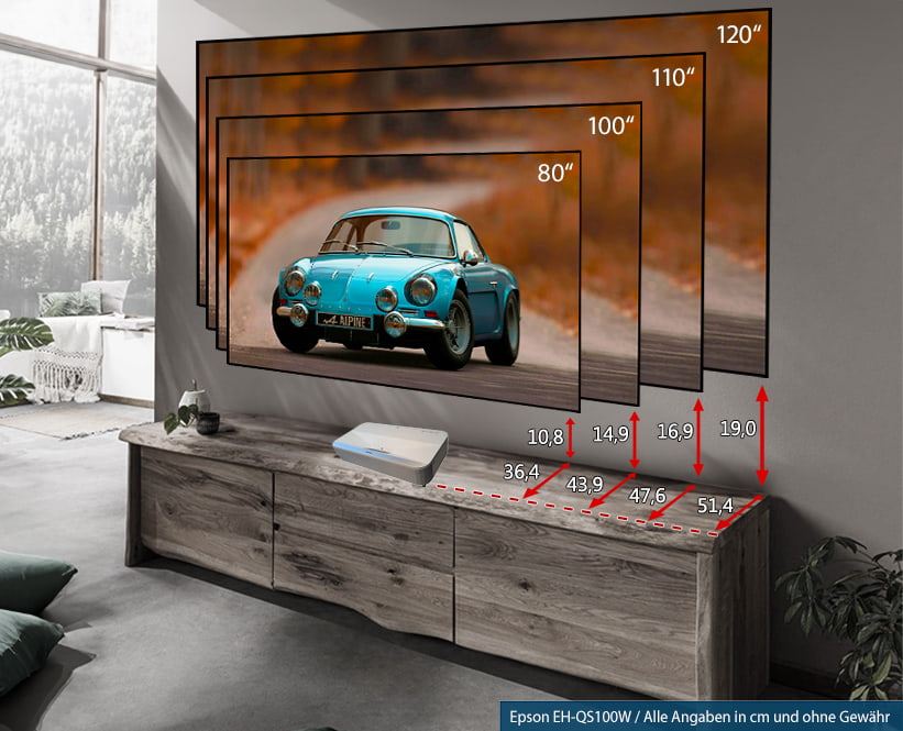 Epson EH-QS100W Laser TV Bildabstandsrechner Installation